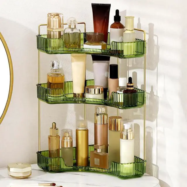 Alt view image 5 of 6 - YCIA&DONE Corner Bathroom Counter Organizer, Makeup Organizer for Vanity, Skincare Cosmetic Perfume Tray, Corner Countertop Shelf Rack Storage for Bathroom Kitchen 3 Tiers (Vintage Green)