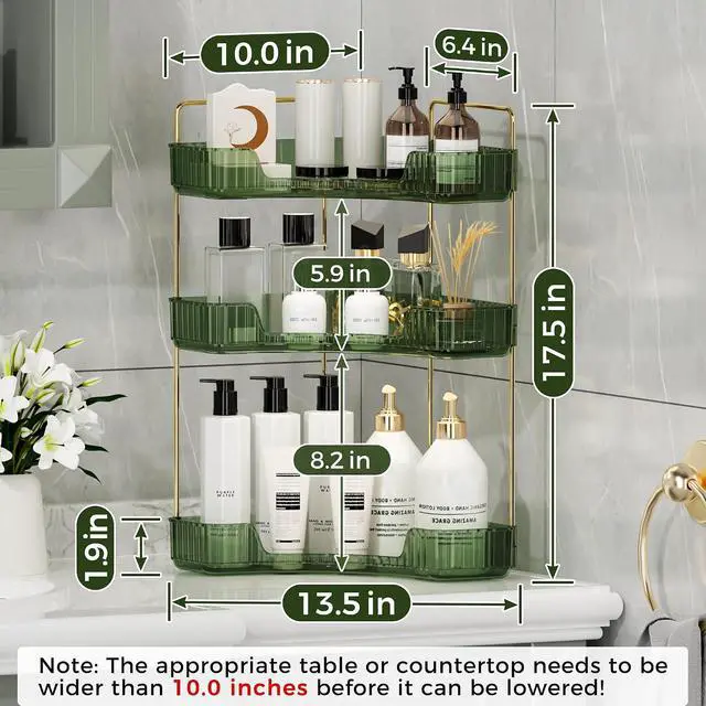 Alt view image 6 of 6 - YCIA&DONE Corner Bathroom Counter Organizer, Makeup Organizer for Vanity, Skincare Cosmetic Perfume Tray, Corner Countertop Shelf Rack Storage for Bathroom Kitchen 3 Tiers (Vintage Green)