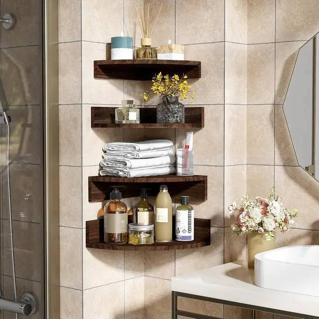 Alt view image 4 of 7 - Alsonerbay Wood Corner Floating Shelves Wall Mount 4-Pack, Dark Brown