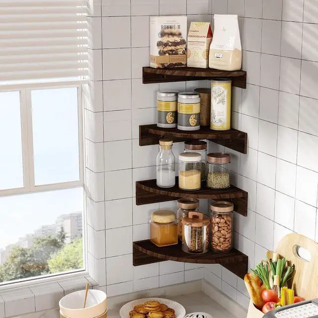 Alt view image 6 of 7 - Alsonerbay Wood Corner Floating Shelves Wall Mount 4-Pack, Dark Brown