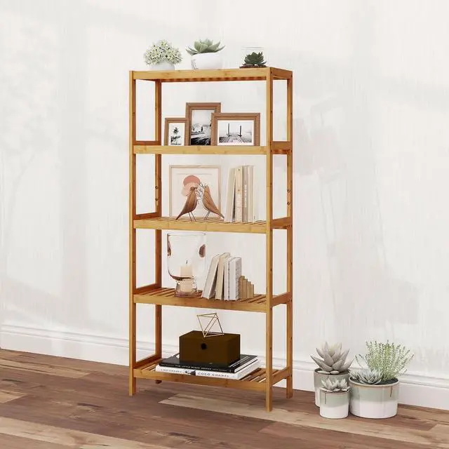 Alt view image 2 of 7 - Kinsuite 5-Tier Bamboo Free Standing Storage Rack Shelf Multifunctional Bamboo Shelving Unit Bathroom Kitchen Living Room Holder