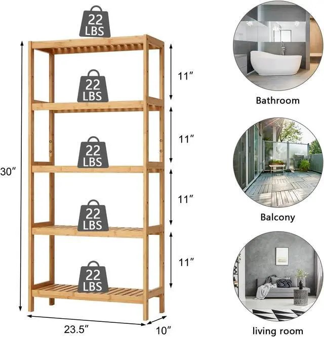 Alt view image 4 of 7 - Kinsuite 5-Tier Bamboo Free Standing Storage Rack Shelf Multifunctional Bamboo Shelving Unit Bathroom Kitchen Living Room Holder