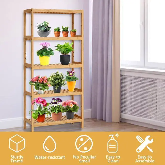 Alt view image 6 of 7 - Kinsuite 5-Tier Bamboo Free Standing Storage Rack Shelf Multifunctional Bamboo Shelving Unit Bathroom Kitchen Living Room Holder