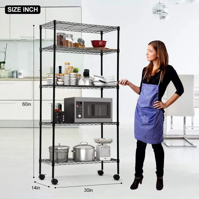 Alt view image 2 of 7 - 5 Tier Wire Shelving Unit, Storage Metal Shelves, Standing Shelf Units, NSF Heavy Duty Height Adjustable Garage Shelving, 14" W x 30" L x 60" H, Commercial Racks with Wheels, Black