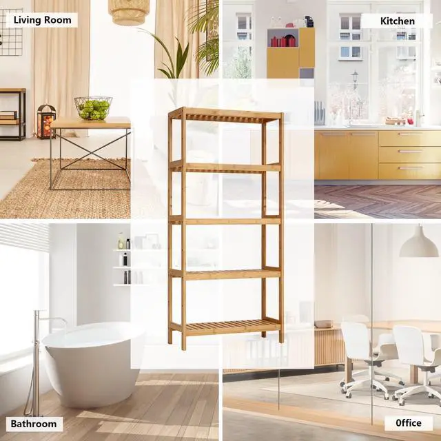 Alt view image 7 of 7 - Kinsuite 5-Tier Bamboo Free Standing Storage Rack Shelf Multifunctional Bamboo Shelving Unit Bathroom Kitchen Living Room Holder