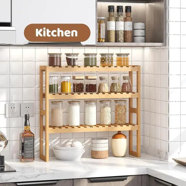 Alt view image 2 of 7 - Bamboo Organizer Rack - Adjustable 3-Tier Storage Shelf, Wall Mounted or Over The Toilet, Living Room, Kitchen (Natural)