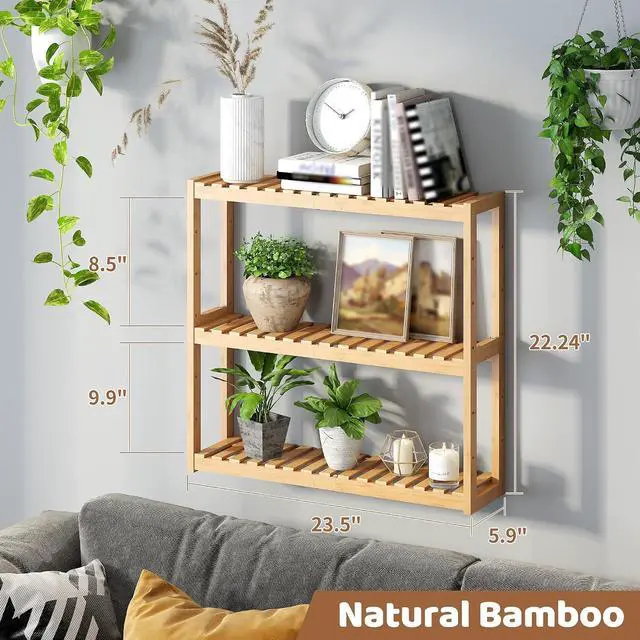 Alt view image 3 of 7 - Bamboo Organizer Rack - Adjustable 3-Tier Storage Shelf, Wall Mounted or Over The Toilet, Living Room, Kitchen (Natural)