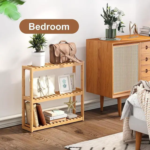 Alt view image 4 of 7 - Bamboo Organizer Rack - Adjustable 3-Tier Storage Shelf, Wall Mounted or Over The Toilet, Living Room, Kitchen (Natural)
