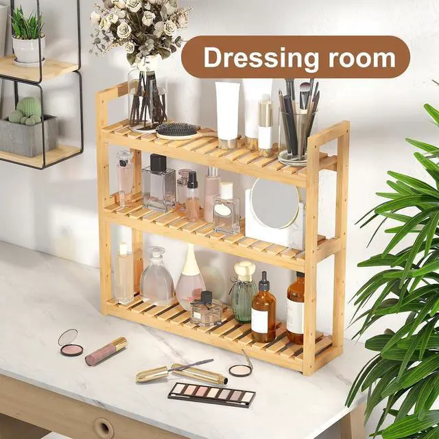 Alt view image 5 of 7 - Bamboo Organizer Rack - Adjustable 3-Tier Storage Shelf, Wall Mounted or Over The Toilet, Living Room, Kitchen (Natural)