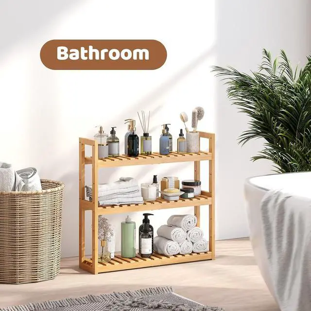 Alt view image 6 of 7 - Bamboo Organizer Rack - Adjustable 3-Tier Storage Shelf, Wall Mounted or Over The Toilet, Living Room, Kitchen (Natural)