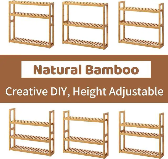 Alt view image 7 of 7 - Bamboo Organizer Rack - Adjustable 3-Tier Storage Shelf, Wall Mounted or Over The Toilet, Living Room, Kitchen (Natural)