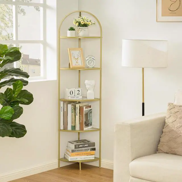 Main image of Homhedy 5-Tier Gold Corner Shelf Stand, Metal Corner Bookshelf