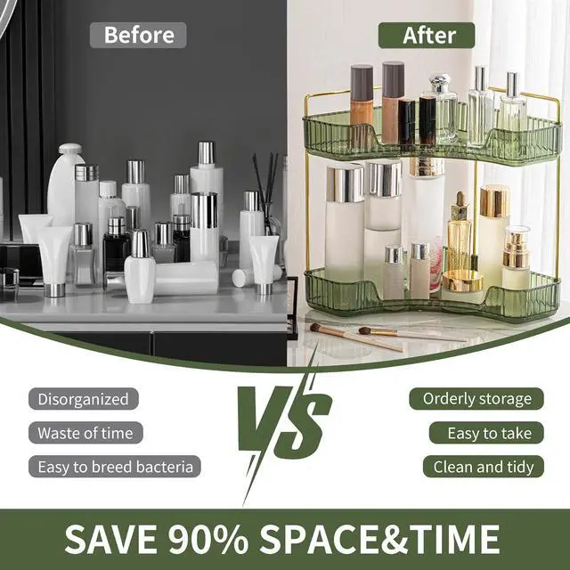 Alt view image 2 of 6 - YCIA&DONE Corner Bathroom Counter Organizer, Makeup Organizer for Vanity, Skincare Cosmetic Perfume Tray, Corner Countertop Shelf Rack Storage for Bathroom Kitchen 3 Tiers (Vintage Green)