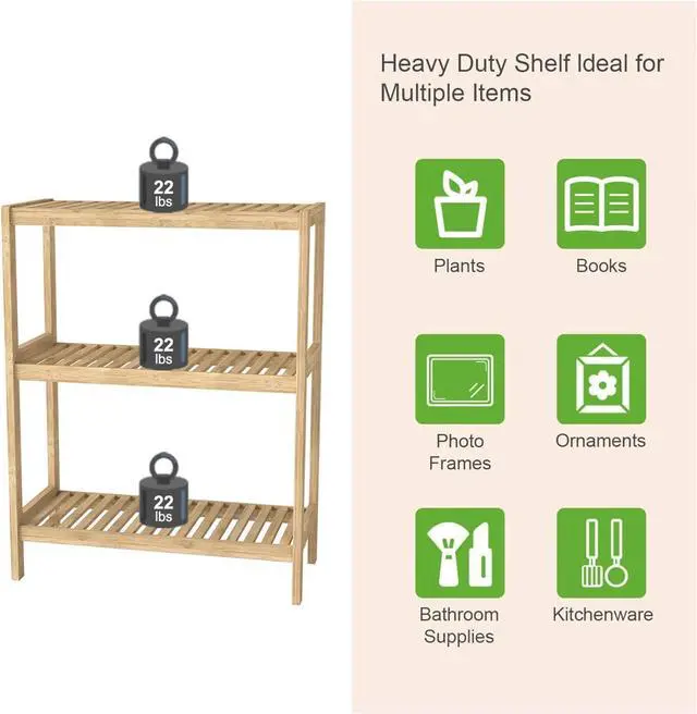 Alt view image 4 of 7 - Bamboo Shelf Bathroom 3-Tier Storage Shelves Stand Rack Multifunctional Shelving for Bedroom Kitchen Living Room