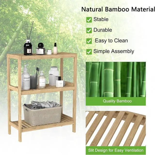 Alt view image 5 of 7 - Bamboo Shelf Bathroom 3-Tier Storage Shelves Stand Rack Multifunctional Shelving for Bedroom Kitchen Living Room