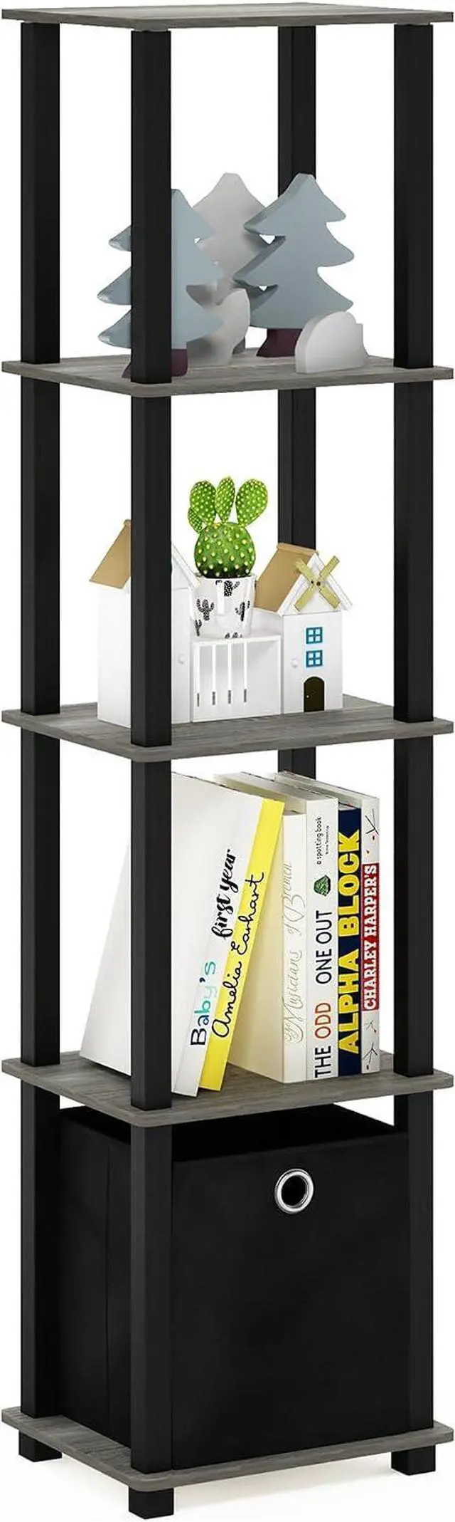 Main image of FURINNO TNT No Tools 5-Tier Display Decorative Shelf, French Oak Grey/Black/Black