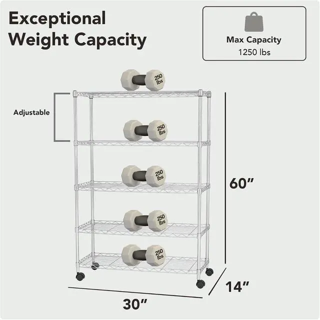 Alt view image 3 of 7 - Displays By Jack 5 Tier Heavy Duty Wire Shelving Unit Storage Rack for Products Plant Pantry, Garage, Laundry Racks Durable Shelf Organizer Shelves Stand 14" W x 30" L x 60" H, Chrome