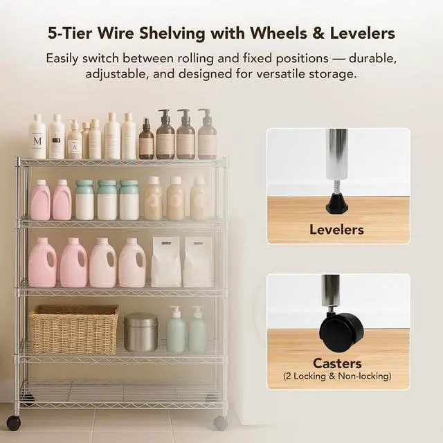 Alt view image 5 of 7 - Displays By Jack 5 Tier Heavy Duty Wire Shelving Unit Storage Rack for Products Plant Pantry, Garage, Laundry Racks Durable Shelf Organizer Shelves Stand 14" W x 30" L x 60" H, Chrome