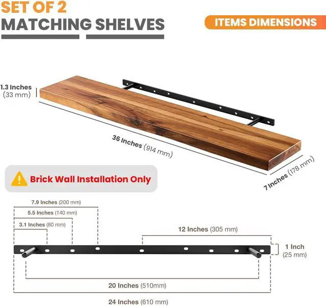 Alt view image 3 of 7 - BATODA Set of 2 Pcs 36" Wood Floating Shelves, Rustic Wooden Storage Shelf