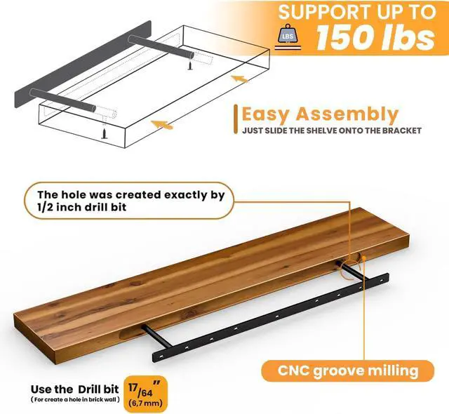 Alt view image 4 of 7 - BATODA Set of 2 Pcs 36" Wood Floating Shelves, Rustic Wooden Storage Shelf
