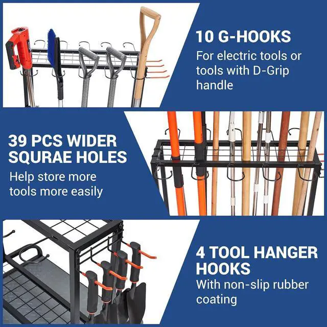 Alt view image 2 of 7 - Garden Tool Organizer, Yard Tools Rack Holds 55 Long-Handled Tools/Rakes/Brooms for Garage Organization and Storage, Shed, Outdoor, Lawn, Heavy-Duty Steel, Black, Easy Assembly