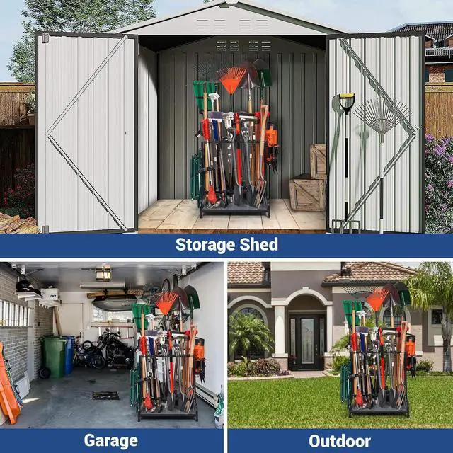 Alt view image 4 of 7 - Garden Tool Organizer, Yard Tools Rack Holds 55 Long-Handled Tools/Rakes/Brooms for Garage Organization and Storage, Shed, Outdoor, Lawn, Heavy-Duty Steel, Black, Easy Assembly