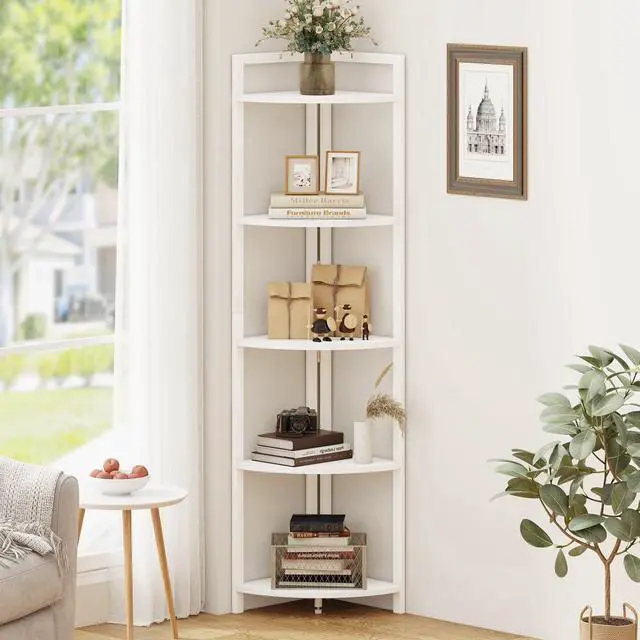 Main image of FATORRI Tall Corner Shelf, 5 Tier Modern Corner Bookshelf Stand, Wood and Metal Corner Plant Bookcase for Living Room, Home Office (White Oak)