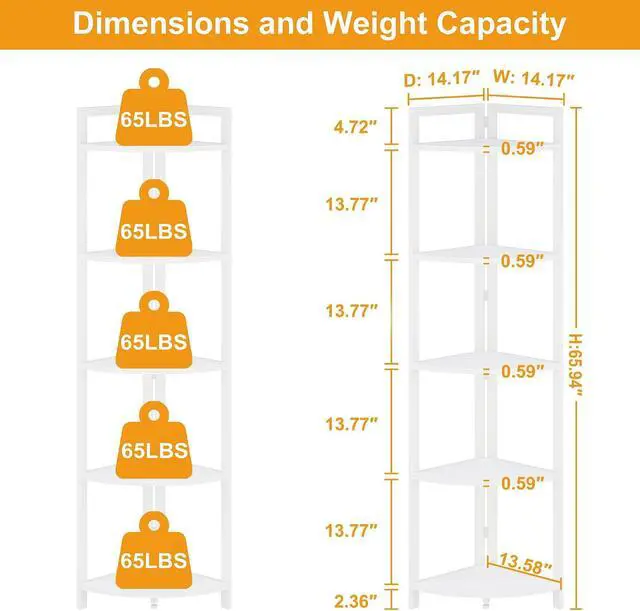 Alt view image 2 of 7 - FATORRI Tall Corner Shelf, 5 Tier Modern Corner Bookshelf Stand, Wood and Metal Corner Plant Bookcase for Living Room, Home Office (White Oak)