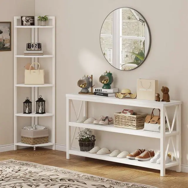 Alt view image 3 of 7 - FATORRI Tall Corner Shelf, 5 Tier Modern Corner Bookshelf Stand, Wood and Metal Corner Plant Bookcase for Living Room, Home Office (White Oak)
