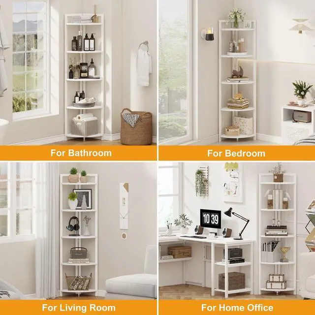 Alt view image 4 of 7 - FATORRI Tall Corner Shelf, 5 Tier Modern Corner Bookshelf Stand, Wood and Metal Corner Plant Bookcase for Living Room, Home Office (White Oak)