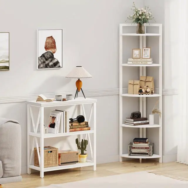 Alt view image 7 of 7 - FATORRI Tall Corner Shelf, 5 Tier Modern Corner Bookshelf Stand, Wood and Metal Corner Plant Bookcase for Living Room, Home Office (White Oak)