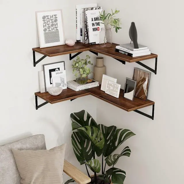Alt view image 2 of 7 - Axeman Deep Floating Shelves - 16 Inch Wide x 12 Inch Deep Walnut Wall Shelves Set of 2 - Rustic Wide Wood Wall Mounted Shelves for Room Decor & Storage