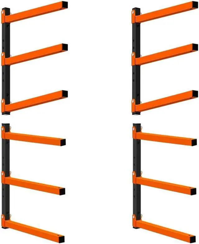 Main image of Homydom Heavy Duty Wall Mounted Lumber Storage Rack, 3-Level, 4 Pack Metal Garage Shelving System for Wood, Pipes & Skis, 300 Lbs Capacity Organizer Bracket (Black/Orange)