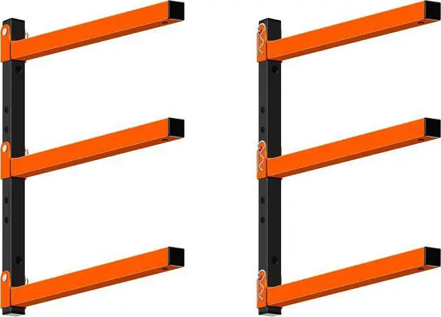 Alt view image 2 of 7 - Homydom Heavy Duty Wall Mounted Lumber Storage Rack, 3-Level, 4 Pack Metal Garage Shelving System for Wood, Pipes & Skis, 300 Lbs Capacity Organizer Bracket (Black/Orange)
