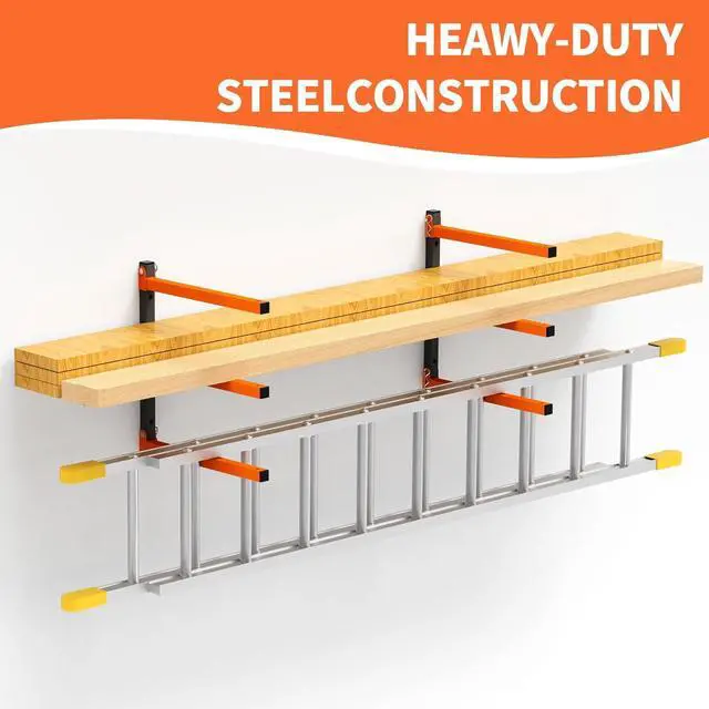Alt view image 3 of 7 - Homydom Heavy Duty Wall Mounted Lumber Storage Rack, 3-Level, 4 Pack Metal Garage Shelving System for Wood, Pipes & Skis, 300 Lbs Capacity Organizer Bracket (Black/Orange)