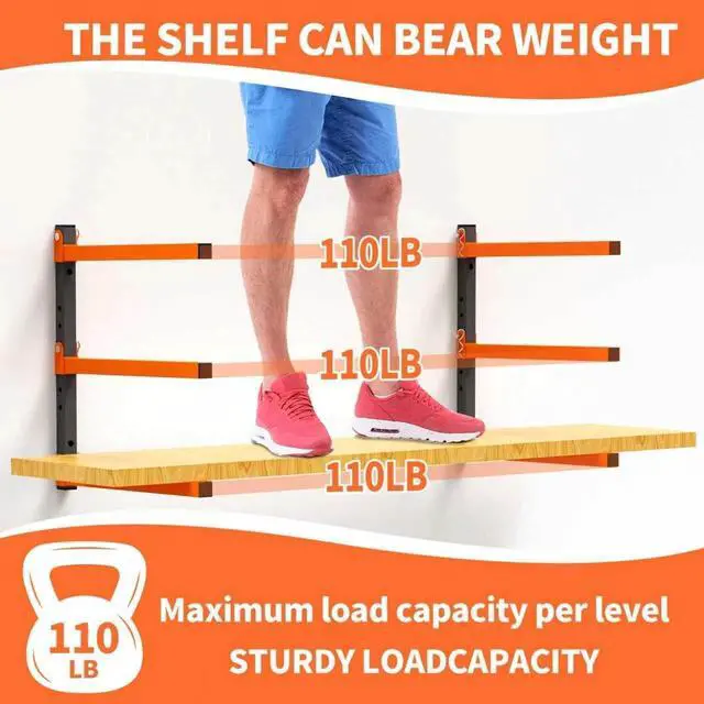 Alt view image 4 of 7 - Homydom Heavy Duty Wall Mounted Lumber Storage Rack, 3-Level, 4 Pack Metal Garage Shelving System for Wood, Pipes & Skis, 300 Lbs Capacity Organizer Bracket (Black/Orange)