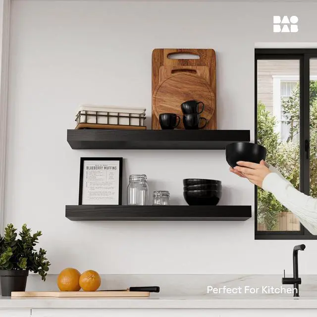 Alt view image 2 of 7 - Solid Wood Floating Shelves for Wall 24 inch Black, Wooden Bathroom Shelf