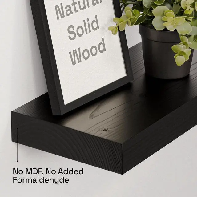 Alt view image 4 of 7 - Solid Wood Floating Shelves for Wall 24 inch Black, Wooden Bathroom Shelf