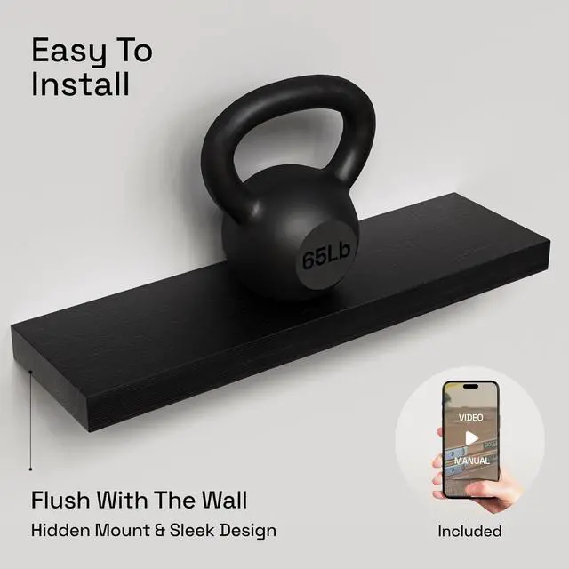 Alt view image 5 of 7 - Solid Wood Floating Shelves for Wall 24 inch Black, Wooden Bathroom Shelf
