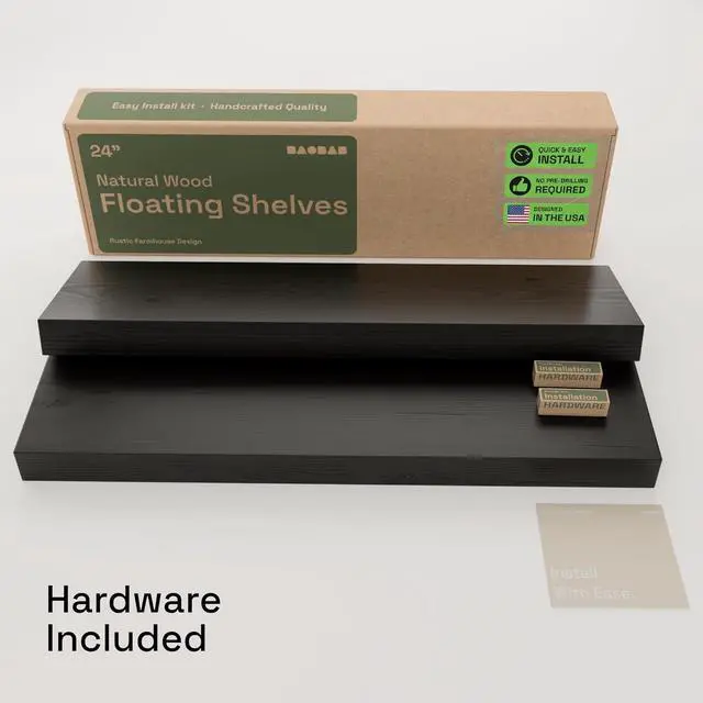Alt view image 6 of 7 - Solid Wood Floating Shelves for Wall 24 inch Black, Wooden Bathroom Shelf