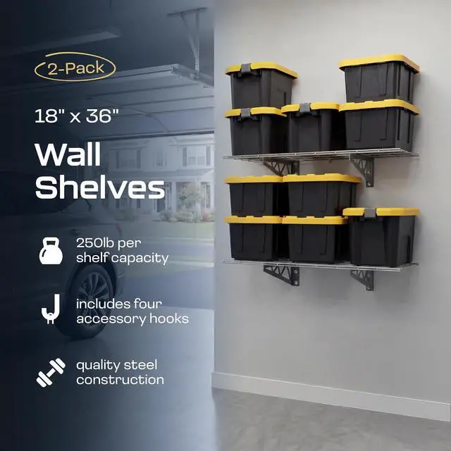 Alt view image 3 of 6 - MonsterRax 18x36 White Garage Wall Shelf 2-Pack, 500lb, Hammertone
