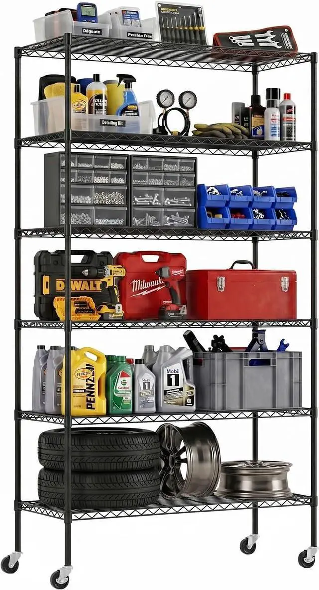 Main image of BestOffice Commercial Wire Shelving Unit Metal Shelf Casters Adjustable Layer Rack Strong Steel for Restaurant Garage Pantry Kitchen Garage (45×18×82, Black)