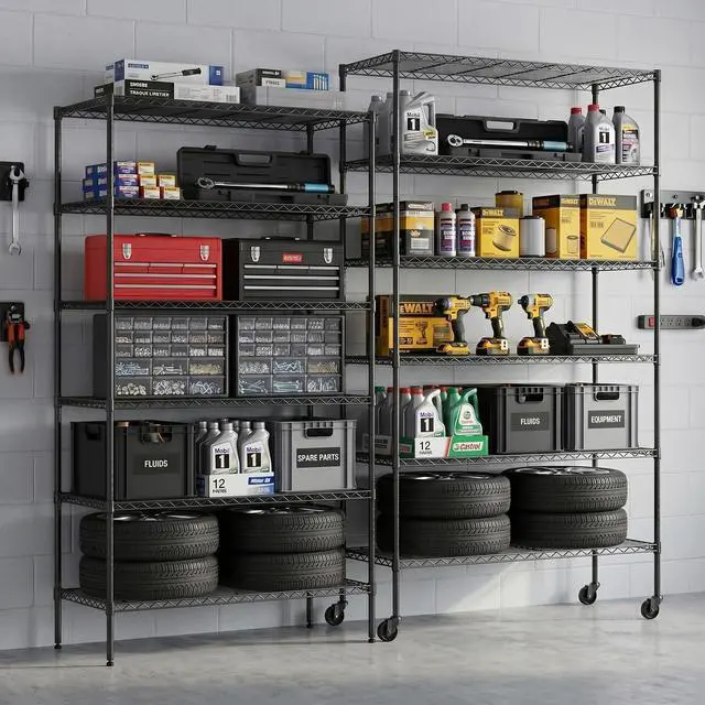 Alt view image 2 of 7 - BestOffice Commercial Wire Shelving Unit Metal Shelf Casters Adjustable Layer Rack Strong Steel for Restaurant Garage Pantry Kitchen Garage (45×18×82, Black)