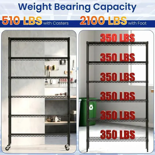 Alt view image 6 of 7 - BestOffice Commercial Wire Shelving Unit Metal Shelf Casters Adjustable Layer Rack Strong Steel for Restaurant Garage Pantry Kitchen Garage (45×18×82, Black)