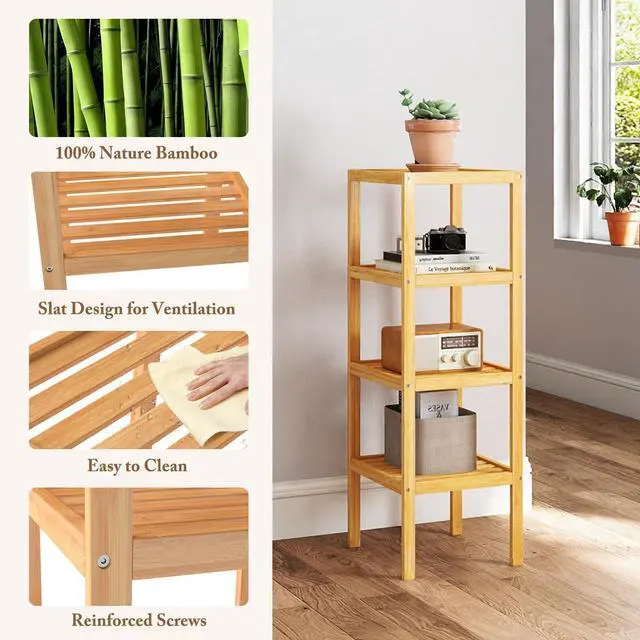 Alt view image 4 of 7 - kinbor Bamboo Bathroom Storage Shelf Freestanding, 4 Tier Shelving