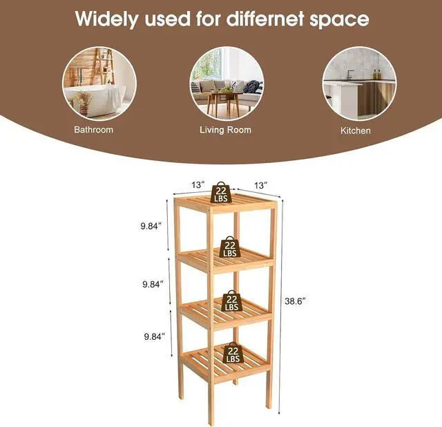 Alt view image 3 of 7 - kinbor Bamboo Bathroom Storage Shelf Freestanding, 4 Tier Shelving
