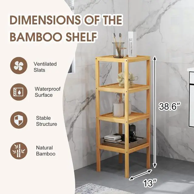 Alt view image 5 of 7 - kinbor Bamboo Bathroom Storage Shelf Freestanding, 4 Tier Shelving