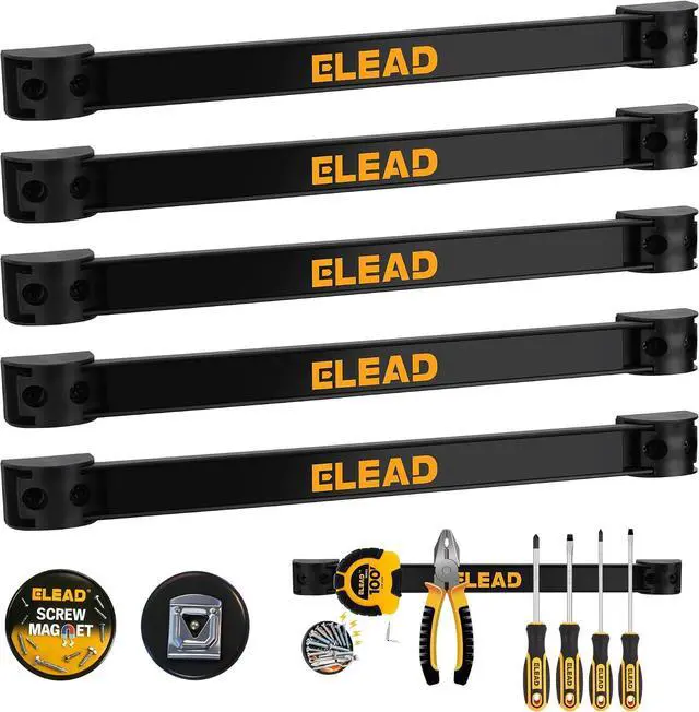 Main image of ELEAD 6-Piece 12" Magnetic Tool Holder Storage Organizer - Wall Mount Rack Garage Organization Power Magnet Hanger Workbench Board Slatwall Van Organizers Mounted Hanging Strip