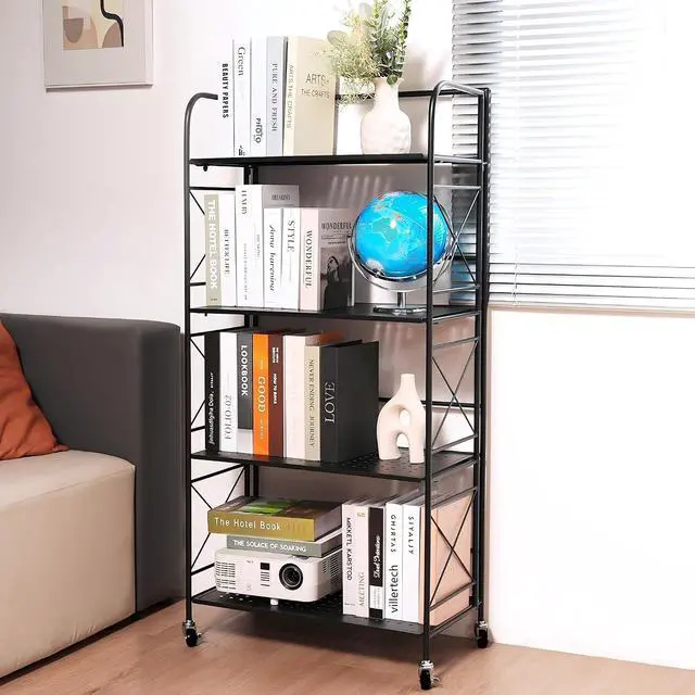 Alt view image 2 of 6 - Minimalist Foldable 4-Tier Metal Bookshelf with Guardrails