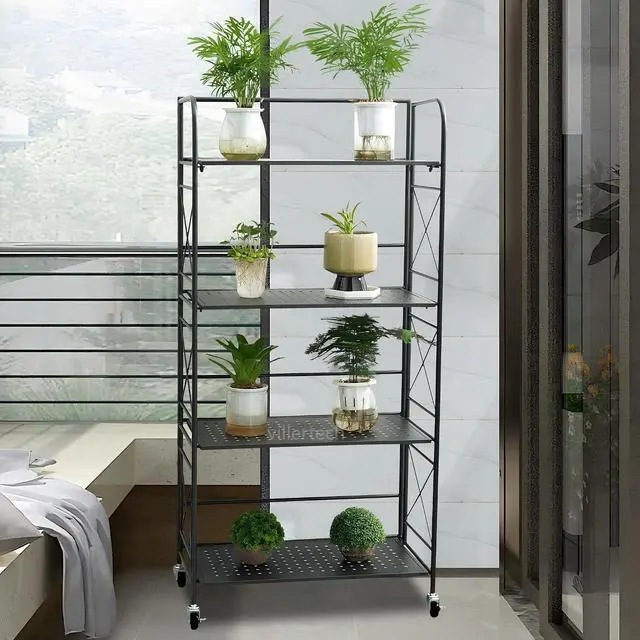 Alt view image 5 of 6 - Minimalist Foldable 4-Tier Metal Bookshelf with Guardrails